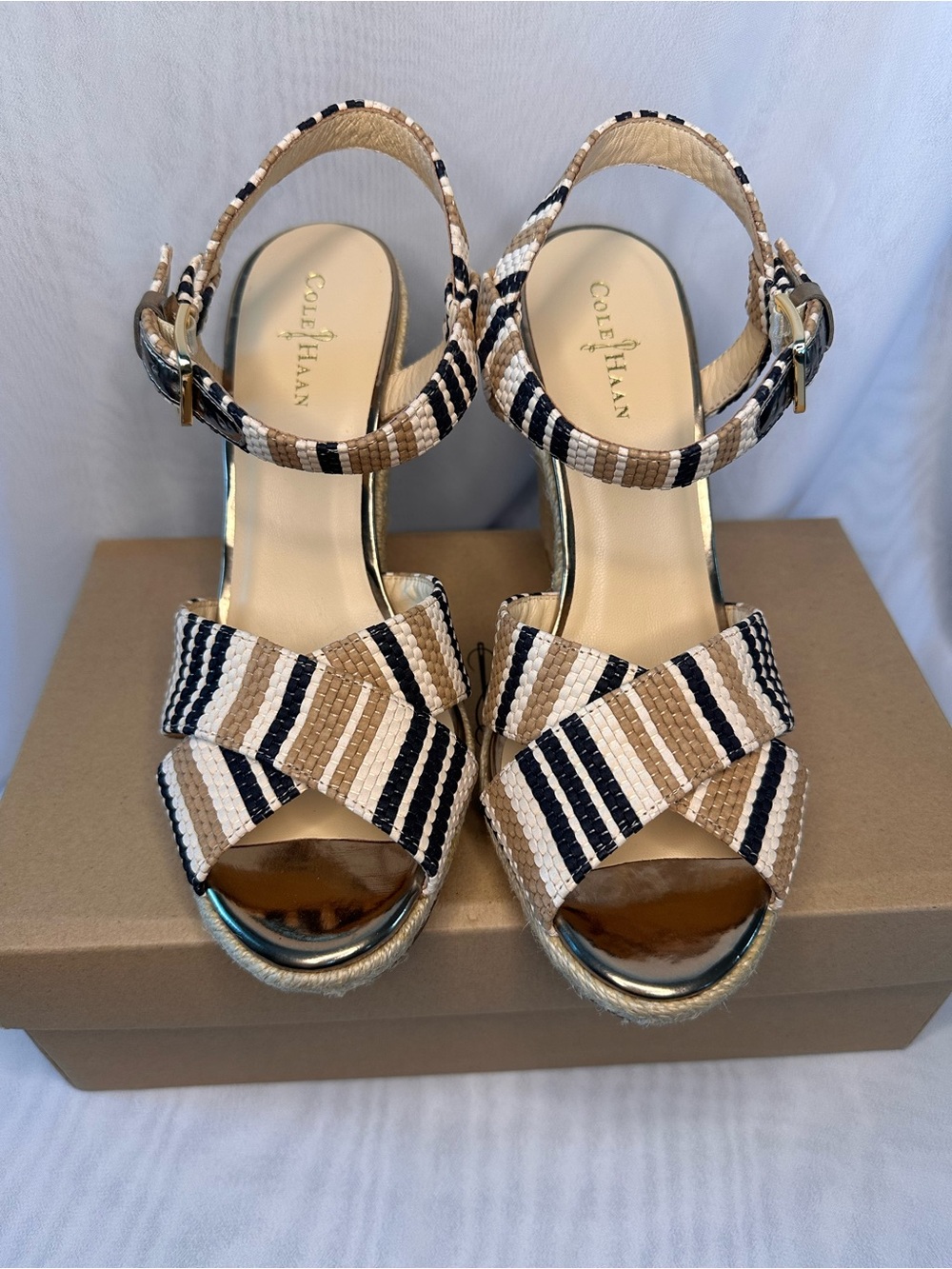 Cole Haan Beige, Black & White Striped Woven Ankle-Strap Sandals - Picture 4 of 11